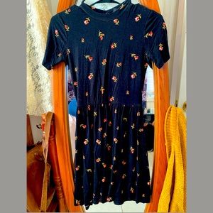 Black dress with red and yellow flowers